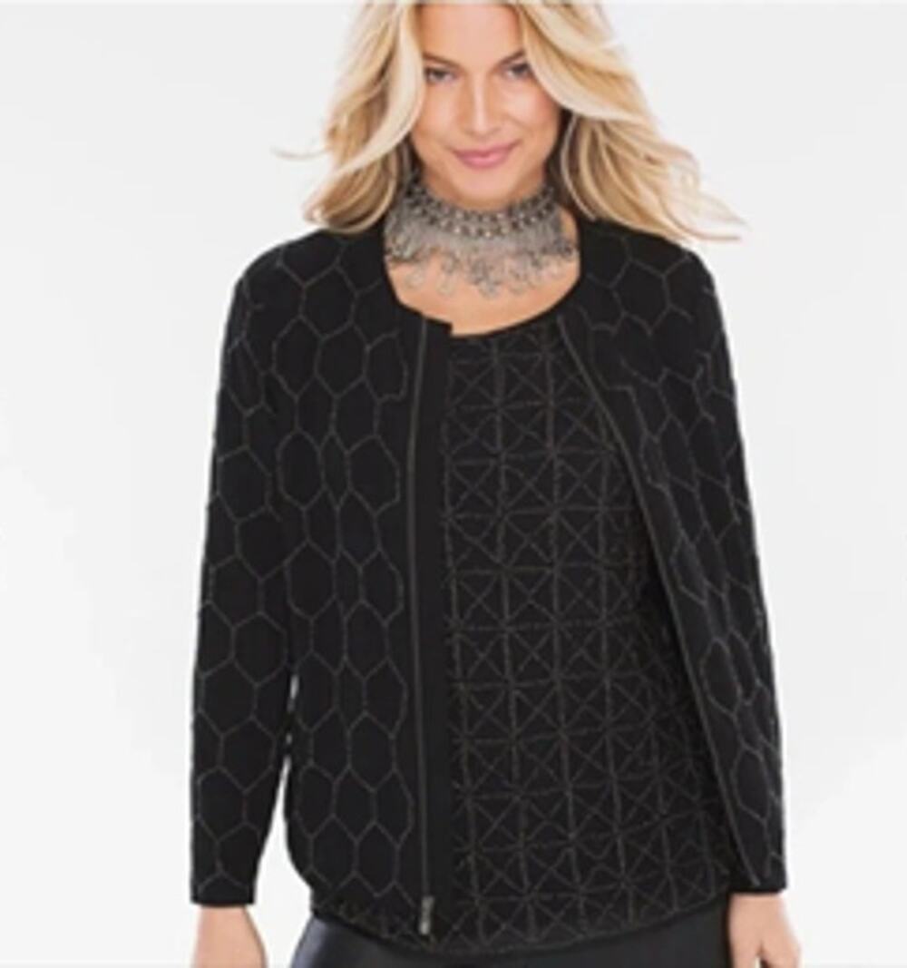 NEW Chico's Beaded Bomber Jacket Full Zip Black Chicos 1 US Medium Glam Bling
